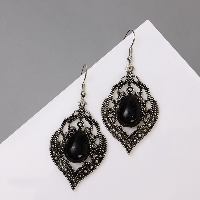 Серьги «Капля» изящность, ажурная, чёрные в чернёном серебре